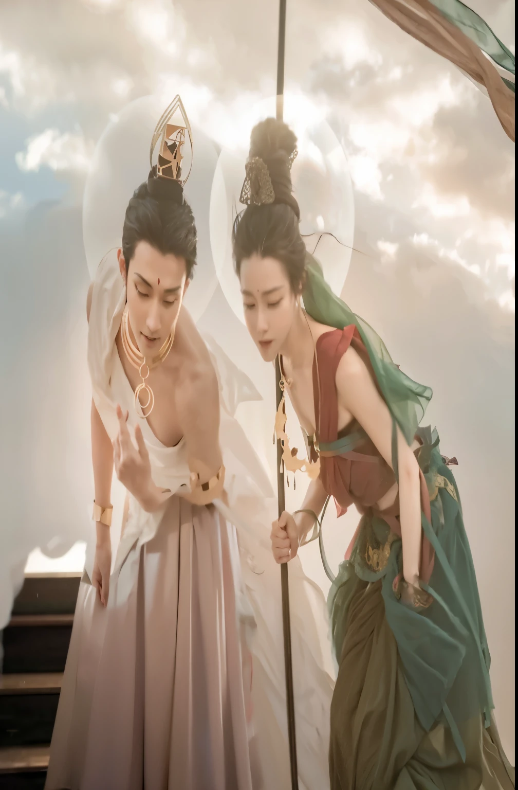 there are three people that are looking at a cell phone, goddess checking her phone, still from a fantasy movie, chinese fantasy, fantasy photoshoot, hanfu, xianxia fantasy, portrait shot, photoshoot, slide show, white hanfu, still from a live action movie, cinematic. by leng jun, movie promotional image, artwork in the style of guweiz