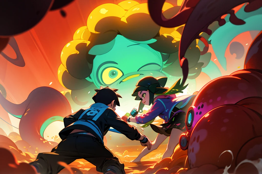 kids are fighting a giant octopus monster,kids are playing Splatoon pretend,playing with paint on each other using various gadgets,colorful deepsea stage,beautiful lighting, volumetric lighting, dynamic pose, sharp,