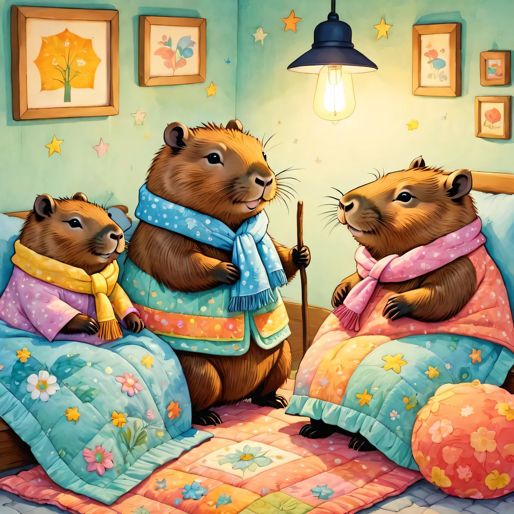 cuteAn illustrationカピバラの家,Capybara family:animal:hibernating:cute:Nestle:sleep:comfortable and warm:looks happy,An illustration,pop,colorful,draw with thick lines,color,dim,Lamp light,The hibernating Capybara family is asleep.:dream happy dreams,The house is warm and full of happiness,,colorful,Fancy,Fantasy,patchwork:quilt,detailed details,fluffy,Randolph Caldecott Style,Rich colors,Cast colorful spells,concentrated,The best configuration,Perfect composition,accent,An illustration that children will enjoy,For kids,feel warm,wonderful like a dream,Happy and fun looking capybaras,Little,Cast colorful spells,Sparkling,Anatomically correct,scarf,pajamas,pastel colour