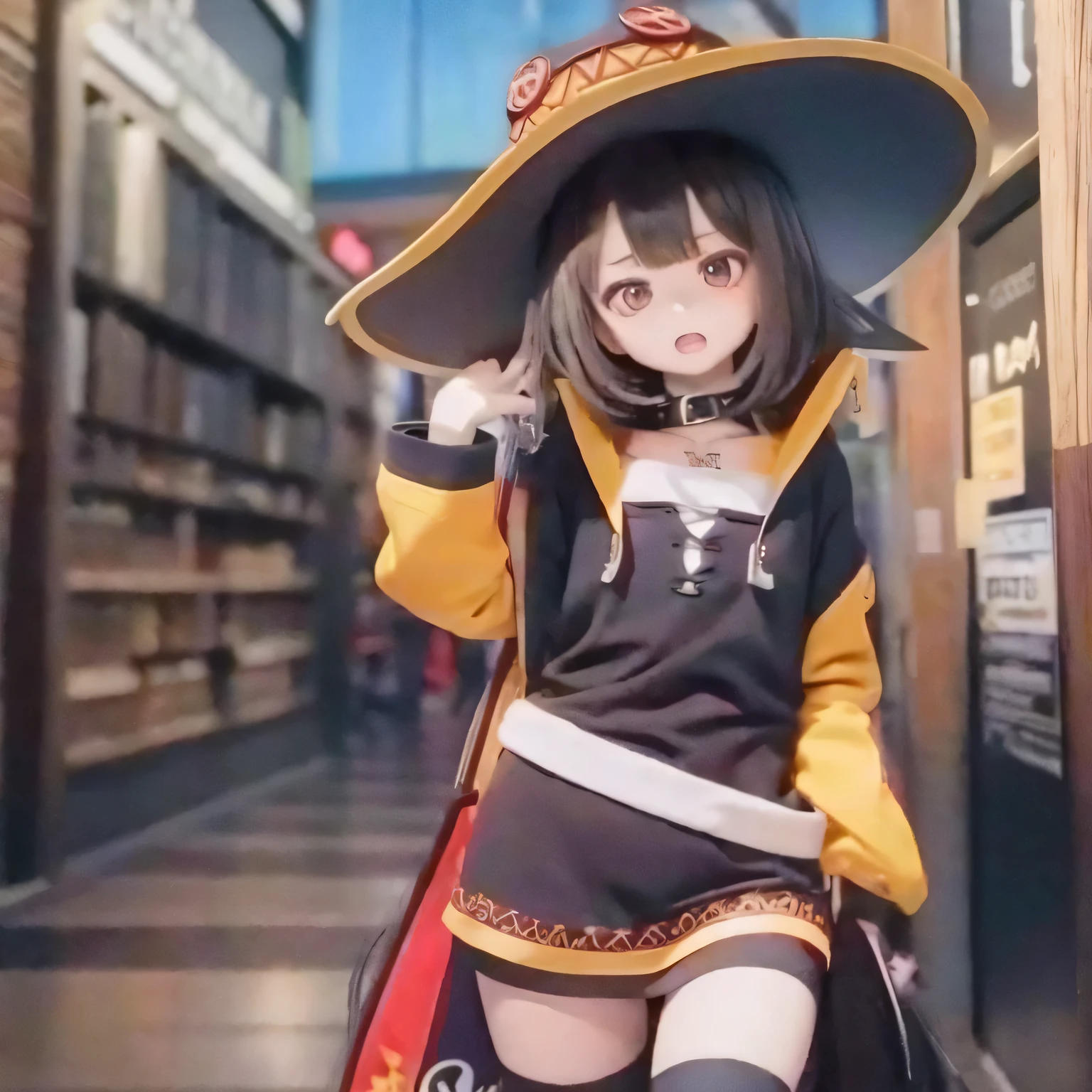 Chibi contrapposto pose girl, wearing a big hat and a mini skirt, My chest is flat. character, Megumin, Photorealistic appearance. Her eyes are incredibly detailed.、Long eyelashes too. She has beautiful, delicate lips, This makes her even more attractive. This piece was created using the medium of 2D illustration.. The scene is filled with vibrant colors and brilliant lighting.. The image quality is excellent, 4k or 8k resolution, High resolution for masterpiece quality. The overall style is a mix of anime and photorealism.. The colours are predominantly dark., Emphasize the contrast between light and shadow. The lighting is carefully made, Creates a dramatic effect、Emphasizing the character&#39;s features.Chibi Contrapposto Big Hat Flat Chest Megumin Girl Photorealistic　Black trousers　mini skirt