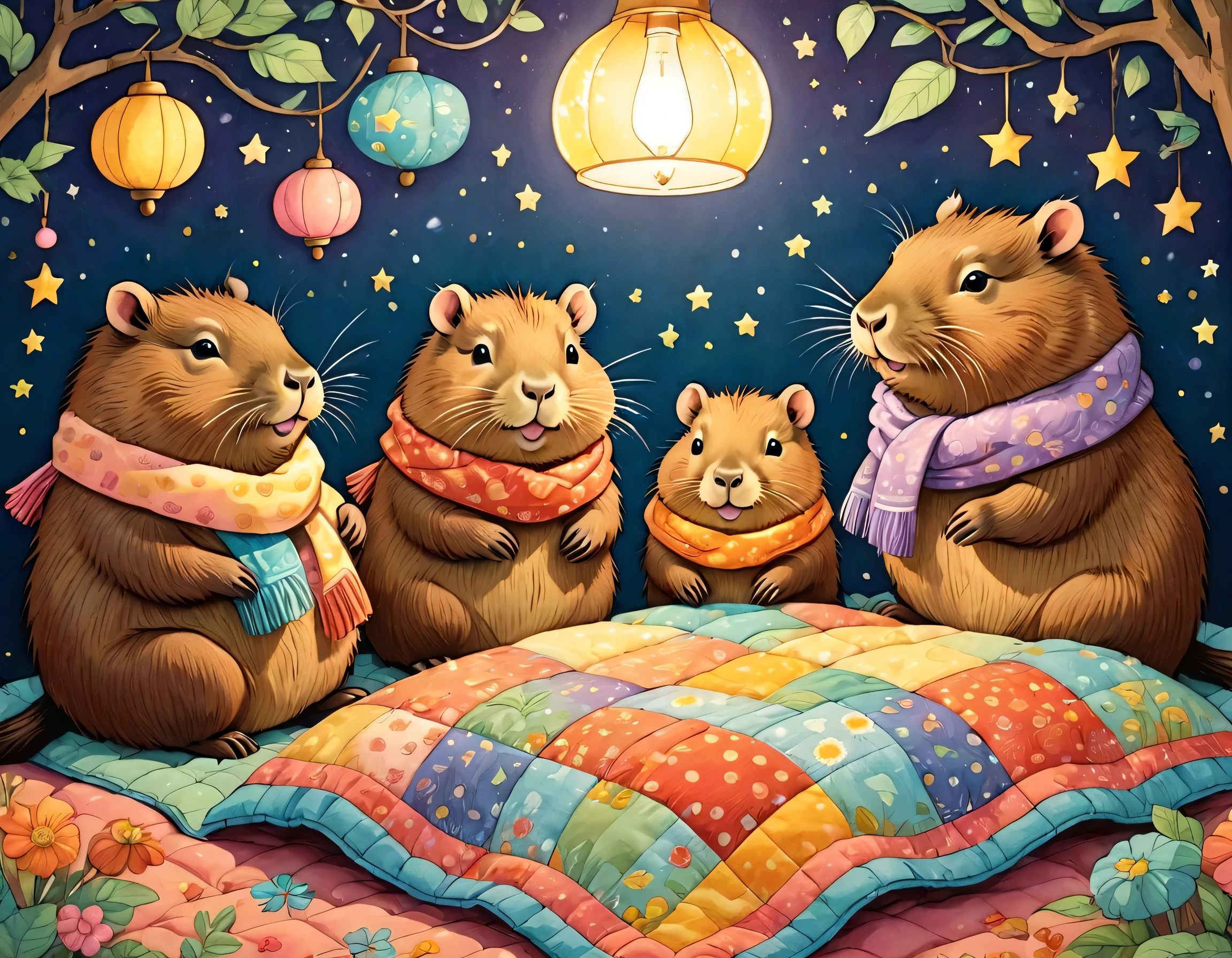 cuteAn illustrationカピバラの家,Capybara family:animal:hibernating:cute:Nestle:sleep:comfortable and warm:looks happy,An illustration,pop,colorful,draw with thick lines,color,dim,Lamp light,The hibernating Capybara family is asleep.:dream happy dreams,The house is warm and full of happiness,,colorful,Fancy,Fantasy,patchwork:quilt,detailed details,fluffy,Randolph Caldecott Style,Rich colors,Cast colorful spells,concentrated,The best configuration,Perfect composition,accent,An illustration that children will enjoy,For ,feel warm,wonderful like a dream,Happy and fun looking capybaras,Little,Cast colorful spells,Sparkling,Anatomically correct,scarf,pajamas,pastel colour