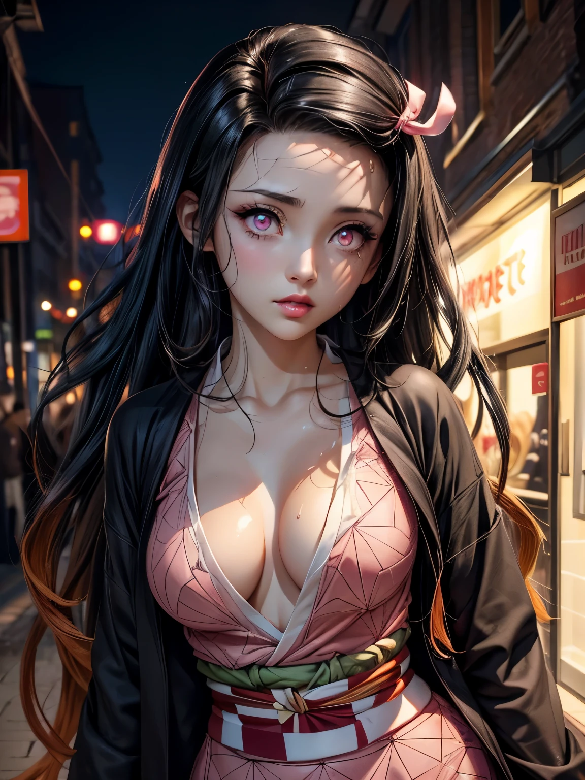 A girl, nezuko kamado, wearing yukata, cleavage, erotic, NSFW dynamic pose, street in the background, night, rains, wet:1.3, wet skin shine:1.2, long messy hair, black and pink multicolored hair, hair between eyes, wide eyes, (perfectly shaped eyes:1.4, pink eyes:1.2, jewel eyes:1.2), black eye shadow, red lips, parted lips, medium breasts, authentic skin texture, organic skin, perfect body beauty:1.4 , beautiful face and very detailed eyes:1.4, beautiful dense hair:1.4, high resolution, cinematic lighting, motion lines, high detail, hyperrealism, masterpiece, best quality, textured skin, anatomically correct, 8k, HD