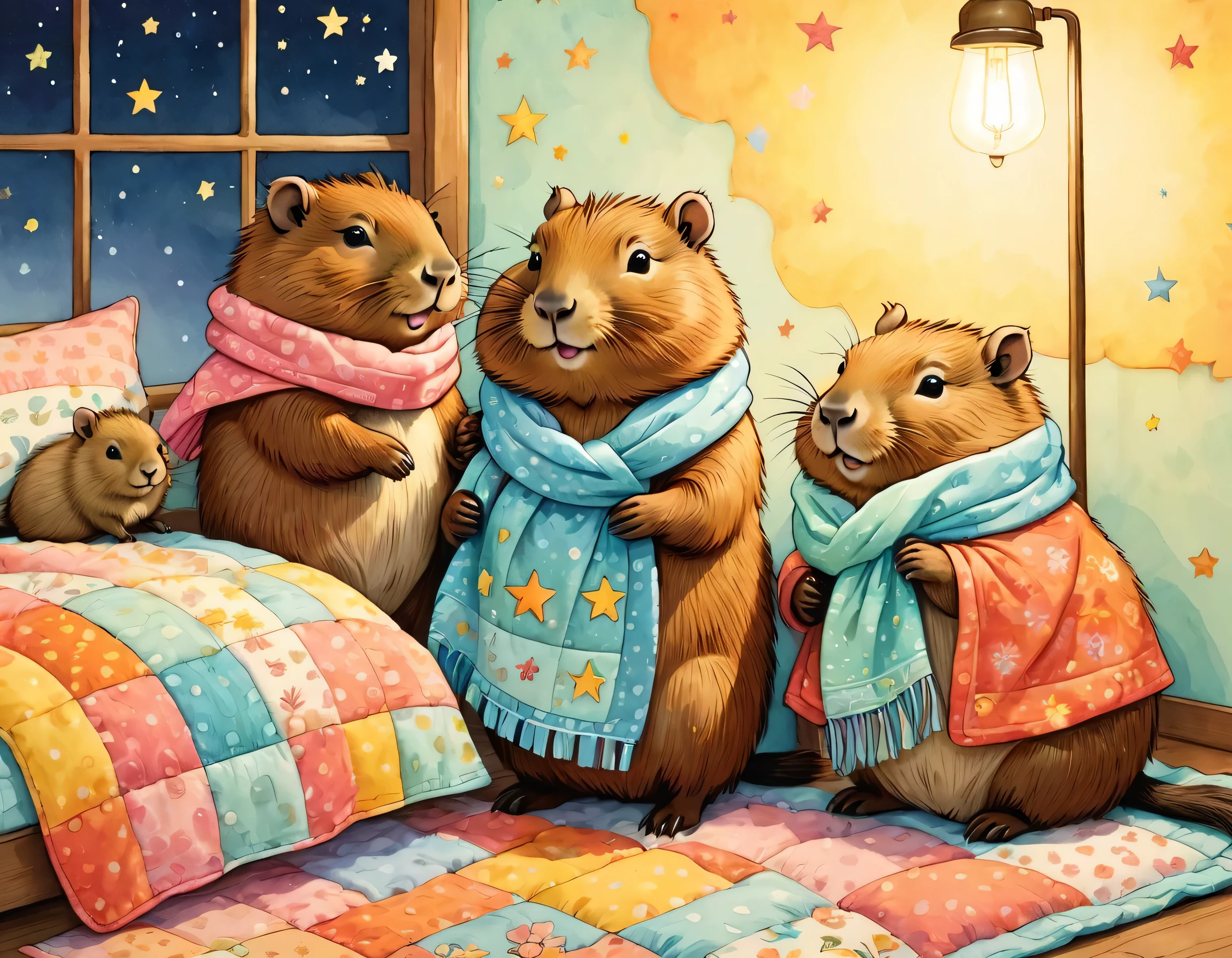 cuteAn illustrationカピバラの家,Capybara family:animal:hibernating:cute:Nestle:sleep:comfortable and warm:looks happy,An illustration,pop,colorful,draw with thick lines,color,dim,Lamp light,The hibernating Capybara family is asleep.:dream happy dreams,The house is warm and full of happiness,,colorful,Fancy,Fantasy,patchwork:quilt,detailed details,fluffy,Randolph Caldecott Style,Rich colors,Cast colorful spells,concentrated,The best configuration,Perfect composition,accent,An illustration that children will enjoy,For ,feel warm,wonderful like a dream,Happy and fun looking capybaras,Little,Cast colorful spells,Sparkling,Anatomically correct,scarf,pajamas,pastel colour