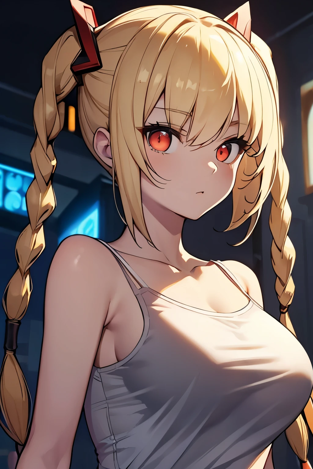 Optimal，masterpiece，High resolution，highest quality，Hyper HD，Very detailed，Award-winning，16k，alone，（Upper Body），Correct Anatomy，Beautiful Cyberpunk Girl，Upper Bodyの写真、Cute face，，blonde、Long Hair、Twin tails、Braid, Hairline，（（Scarlet Eyes）），Long eyelashes，Drooping eyelids，White skin，((shoot from the front:1.5)), ((Tight camisole:1.5)), Clock Top、See-through、rocket , (Large Breasts),