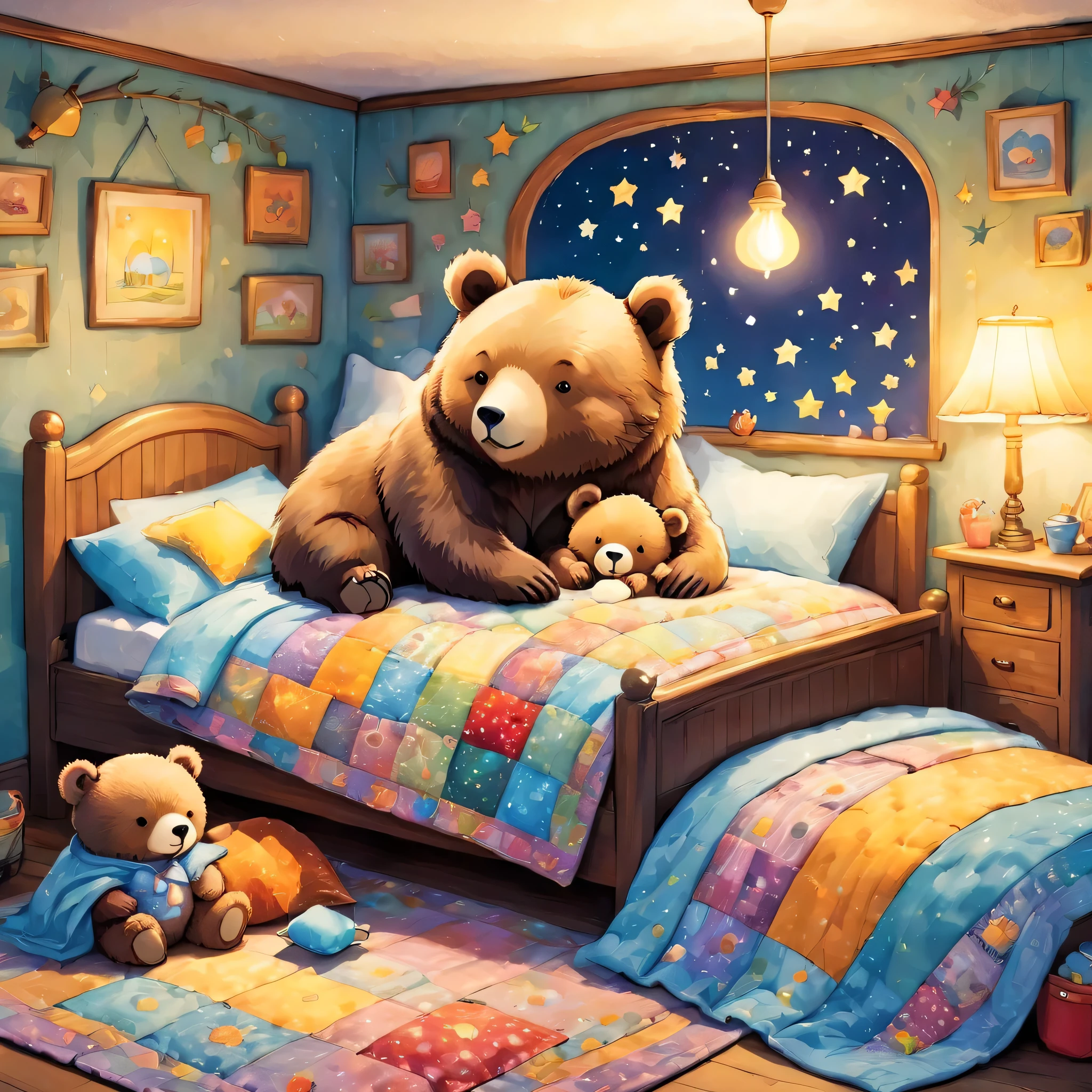 cuteAn illustrationクマの家,bear family:animal:hibernating:cute:Nestle:sleep:comfortable and warm:looks happy,An illustration,pop,colorful,draw with thick lines,color,dim,Lamp light,The hibernating bear family is sleeping:Happy dreams,The house is warm and full of happiness,,colorful,Fancy,Fantasy,patchwork:quilt,detailed details,fluffy,Randolph Caldecott Style,Rich colors,Cast colorful spells,concentrated,The best configuration,Perfect composition,accent,An illustration that children will enjoy,For kids,feel warm,wonderful like a dream,Happy and joyful bears,Little,Cast colorful spells,Sparkling,Anatomically correct,pajamas,Putting a  to bed,Happy dreams,teddy bear