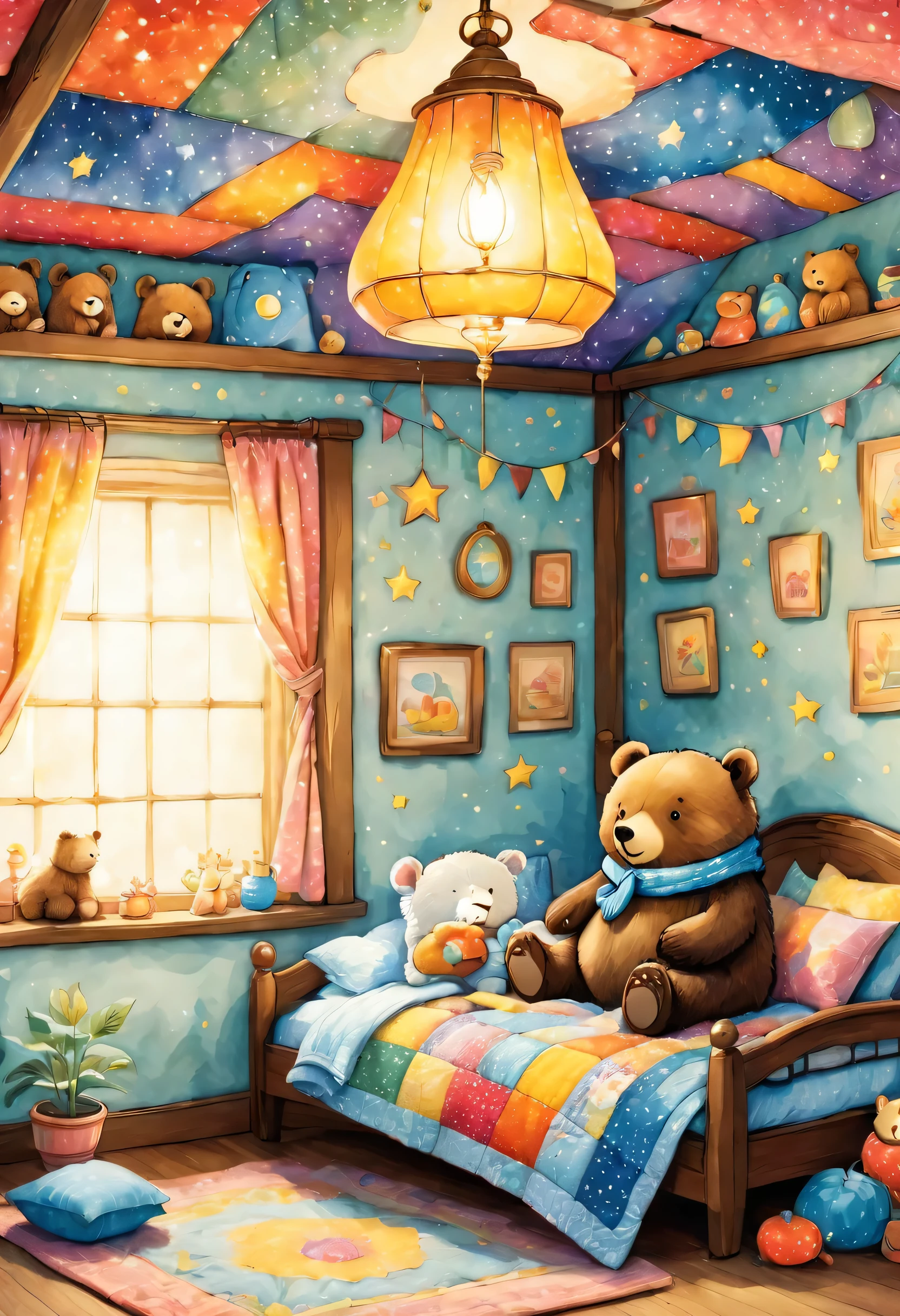 cuteAn illustrationクマの家,bear family:animal:hibernating:cute:Nestle:sleep:comfortable and warm:looks happy,An illustration,pop,colorful,draw with thick lines,color,dim,Lamp light,The hibernating bear family is sleeping:Happy dreams,The house is warm and full of happiness,,colorful,Fancy,Fantasy,patchwork:quilt,detailed details,fluffy,Randolph Caldecott Style,Rich colors,Cast colorful spells,concentrated,The best configuration,Perfect composition,accent,An illustration that children will enjoy,For kids,feel warm,wonderful like a dream,Happy and joyful bears,Little,Cast colorful spells,Sparkling,Anatomically correct,scarf,bunk bed,Happy dreams,Children&#39;s room,Wall decoration,cushion,pastel colour