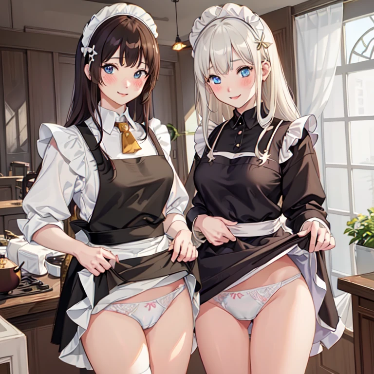 highest quality、masterpiece、((2 girls))、((smile:1.3))、(blush:1.3)、Black Shirt、blouse、((fun!!))、(Small breasts)、()、Blonde、()、((White apron:1.5))、((Maid))、((hair ornaments)),、Kamimei、look at me、 ((in house:1.5))、 Taking a break from watching the audience、Cowboy Shot、(Skirt lift:1.3),(Highly detailed white panties:1.3)、(Highly detailed panties:1.3)、、(スカート that rolls up:1.3)、(Panties fully exposed:1.5)、Light blue eyes、long hair、