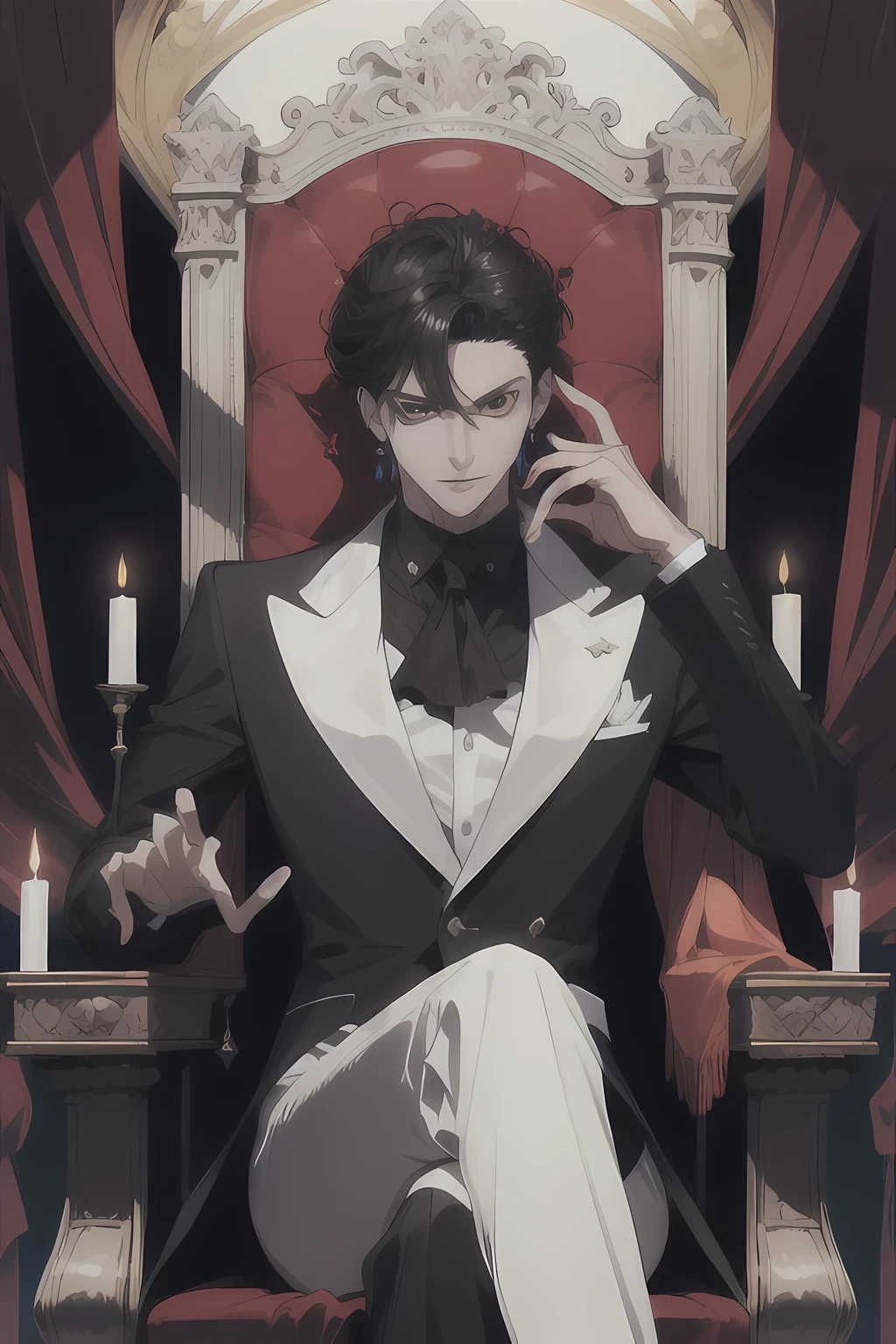 (absurdos, high resolution, ultra detallado), 1 male, adulto, elegante, chico alto, ojos finamente detallados y rostro detallado, pelo largo, fancy, magnificent background, trono, efecto magico, fuego, pelo negro y blanco, espada, principe
