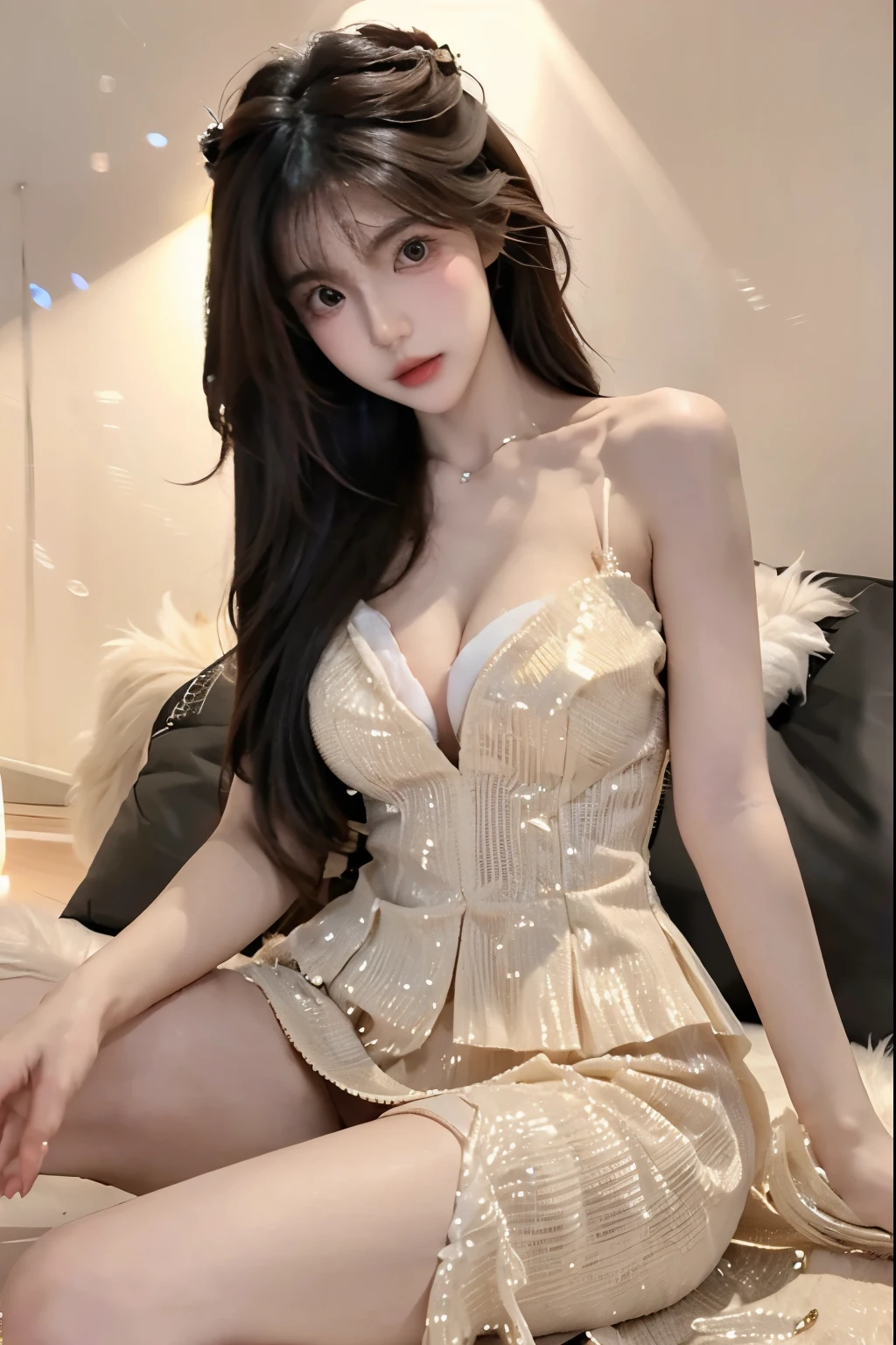 Beautiful woman with perfect body：1.4，Layered Hairstyle，Prominent cleavage，Highly detailed face and skin textures，Double eyelids，Skin Whitening，Long hair，Whitened long legs，Improved hollow dress，Sexy goddess