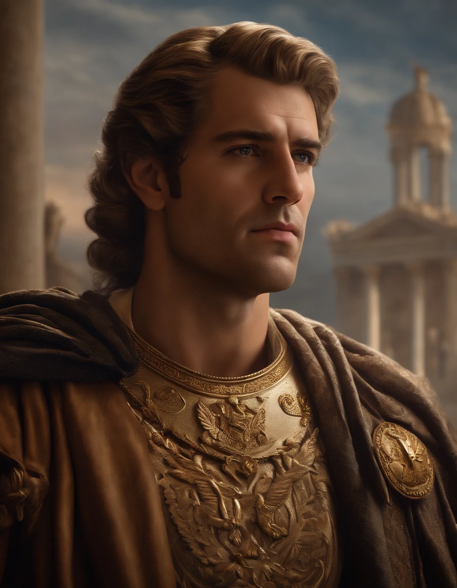 (best quality,4k,8k,highres,masterpiece:1.2),ultra-detailed,(realistic,photorealistic,photo-realistic:1.37),A dramatic portrait of Constantine the Great, the emperor of the Roman Empire, whose destiny shaped the fate of the world. The protagonist is depicted with profound detail, showcasing his charismatic presence as a ruler. The artwork is rendered in the medium of an oil painting, capturing the richness and depth of the historical era. The protagonist's eyes, reflecting determination and wisdom, are meticulously detailed. His lips are beautifully shaped, hinting at a calm and confident demeanor. The painting exhibits ultra-detailed features, with emphasis on the realistic rendering of the face and body. The lighting is carefully crafted, with studio lighting techniques applied to accentuate the subject's noble features. The colors are vivid and vibrant, enhancing the overall composition. The scene is set in the majestic backdrop of ancient Rome, with architectural elements and historical details to provide authenticity. The artwork exudes an air of grandeur and gravitas, capturing the essence of historical romance.