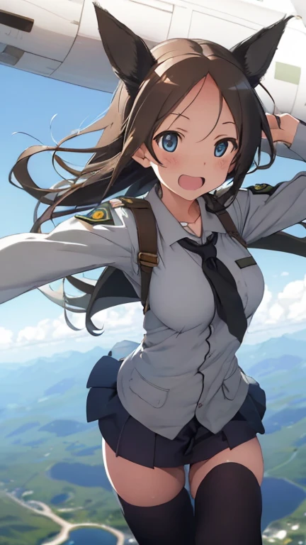 {(masterpiece,best quality, 8K UHD, extremely detailed CG, detailed beautiful face and eyes and skin and hair)}, {(ultra realistic photo graphic style:1.4)}, {(1girl free_fall from 10000m above the ground:1.2), (out of focus background:1.4)}, {1girl, 18yo, beasts_ears}, (strike witches:1.4)}, {(cheerful:1.3), (candid shot), (forehead)}, {(inner thighs showing pose:1.2)}