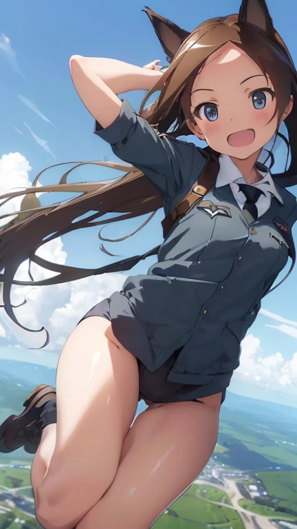 {(masterpiece,best quality, 8K UHD, extremely detailed CG, detailed beautiful face and eyes and skin and hair)}, {(ultra realistic photo graphic style:1.4)}, {(1girl free_fall from 10000m above the ground:1.2), (out of focus background:1.4)}, {1girl, 18yo, beasts_ears}, (strike witches:1.4)}, {(cheerful:1.3), (candid shot), (forehead)}, {(inner thighs showing pose:1.2)}