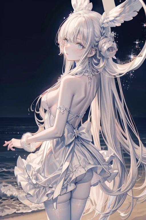 masterpiece, best quality, night, Star, on the beach, real, realistic, incredible_absurd, wallpaper, monochrome, traditional_medium, girl, long hair, curls, small breasts, revealing clothes, white stockings, period, jewelry, fingerless gloves, arms back ,