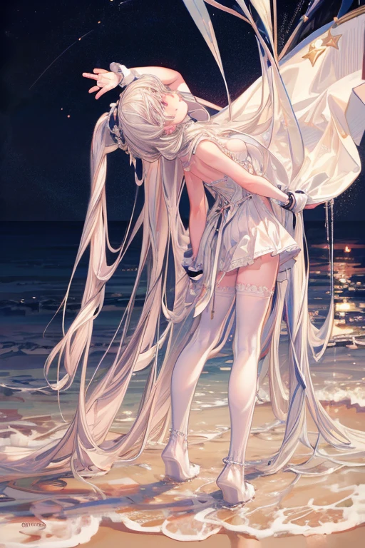 masterpiece, best quality, night, Star, on the beach, real, realistic, incredible_absurd, wallpaper, monochrome, traditional_medium, girl, long hair, curls, small breasts, revealing clothes, white stockings, period, jewelry, fingerless gloves, arms back ,