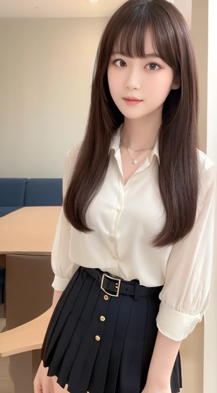 (highest quality, High resolution, Tabletop :1.3), 、Japanese women,（whole body：1.3）、24-years-old、Wearing a miniskirt、（Healthy thighs：1.4）、Even bangs、 Very beautiful face, Beautiful realistic face,Beautiful woman, her hair is black、Long Hairstyles、（She is wearing a white short-sleeved blouse and a navy pleated skirt：1.2）, Stand with your feet wide apart,looking at the camera, Dynamic photography 、Wear a pendant, White button-up shirt, belt, Black Skirt, (Modern architecture in the background), Exquisite expression of facial and skin texture details,  double eyelid