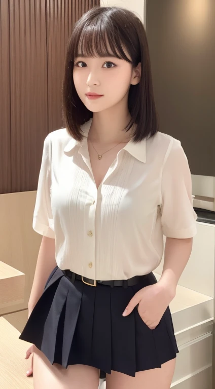 (highest quality, High resolution, Tabletop :1.3), 、Japanese women,（whole body：1.3）、24-years-old、Wearing a miniskirt、（Healthy thighs：1.4）、Even bangs、 Very beautiful face, Beautiful realistic face,Beautiful woman, her hair is black、Long Hairstyles、（She is wearing a white short-sleeved blouse and a navy pleated skirt：1.2）, Stand with your feet wide apart,looking at the camera, Dynamic photography 、Wear a pendant, White button-up shirt, belt, Black Skirt, (Modern architecture in the background), Exquisite expression of facial and skin texture details,  double eyelid