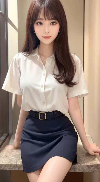 (highest quality, High resolution, Tabletop :1.3), 、Japanese women,（whole body：1.3）、24-years-old、Wearing a miniskirt、（Healthy thighs：1.4）、Even bangs、 Very beautiful face, Beautiful realistic face,Beautiful woman, her hair is black、Long Hairstyles、（She is wearing a white short-sleeved blouse and a navy pleated skirt：1.2）, Stand with your feet wide apart,looking at the camera, Dynamic photography 、Wear a pendant, White button-up shirt, belt, Black Skirt, (Modern architecture in the background), Exquisite expression of facial and skin texture details,  double eyelid