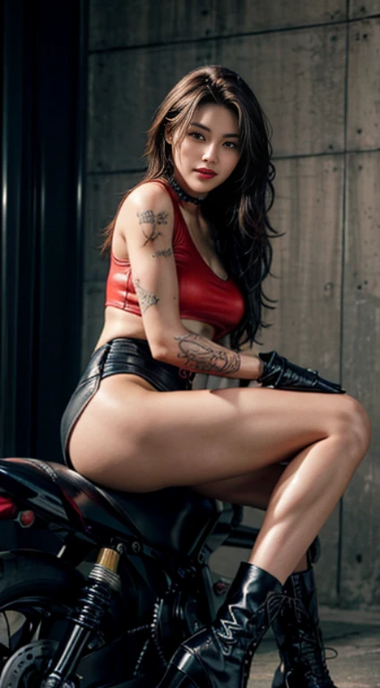 Highest quality, realistic, detailsดีเยี่ยม, exquisite, high resolution, 8k wallpaper, 1 beautiful woman, light brown messy hair., Show off your sexy navel........,allow'He already has a six-pack......., and show your face. (I), (just,black skin), (Cover the chest with your hands......), (just,black skin),(Cover your nipples with your hands......), hand closed between legs,choker, Beautiful legs, wearing red high heels. The leather cuffs reach below the knees........, Sharp focus, Perfect dynamic composition. Beautiful and detailed eyes, beautiful red lips, Thin hair, detailed realistic textures, smile, close up, (hologram tattoo), (Beautiful tattoos),(Tattoos on the lower stomach and thighs,upper arm), (riding a motorcycle)model'shape of, Wear gloves, perfect body, allow'He already has a six-pack......, details: Big hips, The legs are large and have muscular grooves......., muscular legs, Swollen arms and hands...., The arms have beautiful muscular grooves........ (Wear combat boots.), (open your legsให้อยู่ในระดับสายตา.....)、((open your legs.....))、