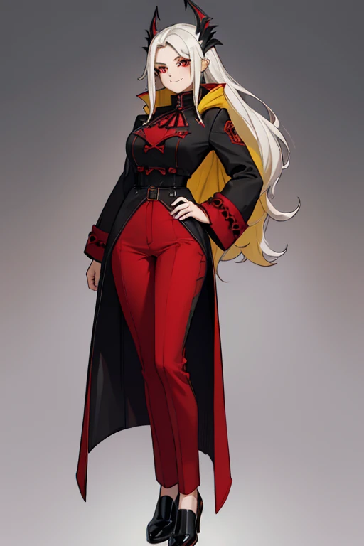 ((Highest quality)), ((masterpiece)), (Familiar), Lusamine,Tattoo,thin,Long blonde hair,Small breasts,Small breasts,Erect nipples,Adult female,Green Eyes,Slanted Eyes,White and black T-shirt,No sleeve,Gold embroidery,Black shoes,Fascinating,Red pants