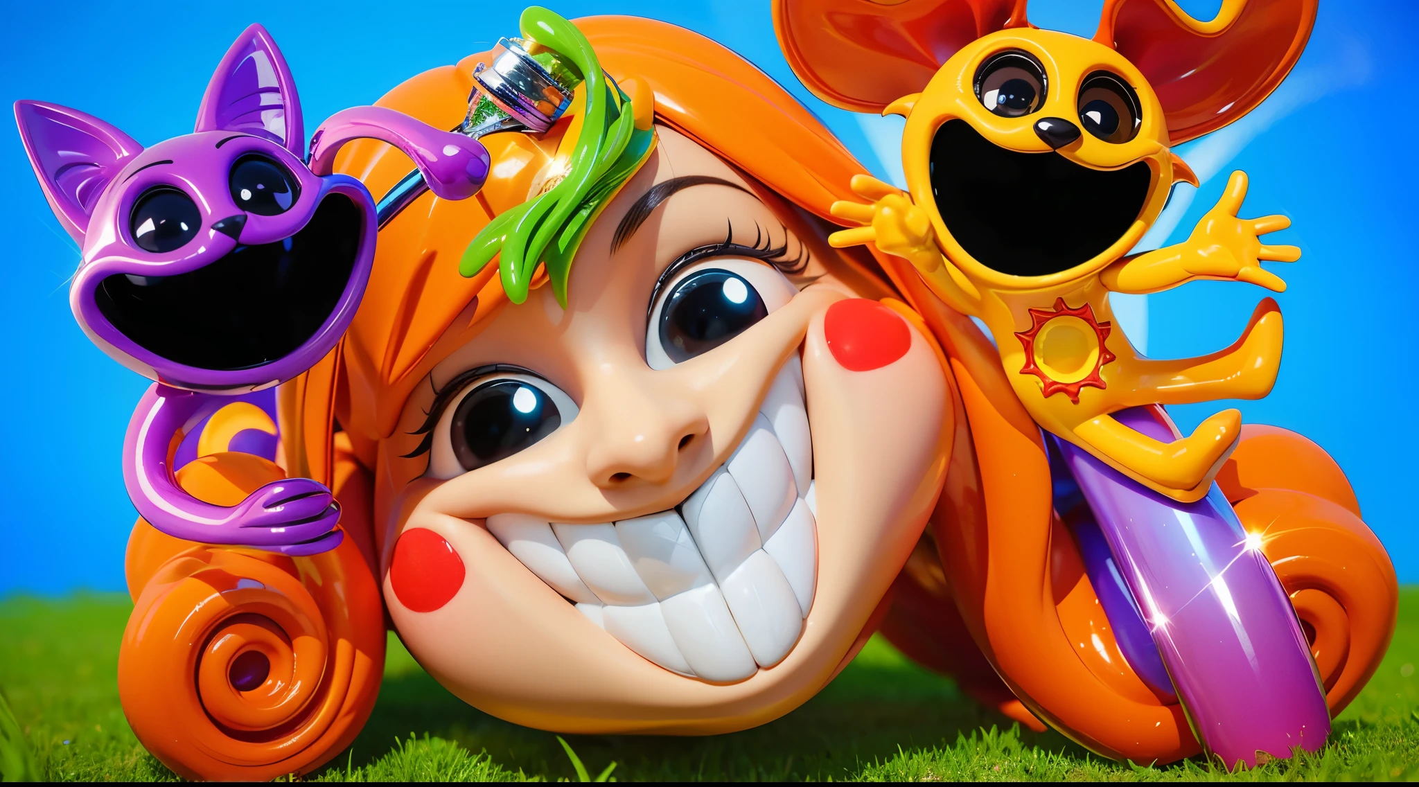 cartoon characters stand next to each other, Electricsbunny, Holographic creatures, Beeple and Jeremiah Ketner, 🐋 as 🐘 as 🤖 as 👽 as 🐳, Rabbids at a metal concert, cute 3D rendering, 3D icon for mobile game, robot rabbit, Shiny metallic, 3D персонажи violet cat toy, toy cat laying on glossy metalic floor, glossy texture, smooth 3d model, multiple light sources, rim light, sharp post effects render, (glossy metallic texture with multiple big light probe refractions), perfect cgi, cgi art created only with gradients, smooth silhouette, high intensity refraction, (super glossy chrome material), most beautiful vfx, blue background, chrome metal refractions