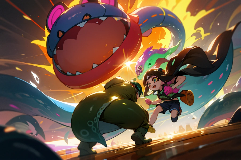 splatoon kids are fighting a giant eel monster,very fun,using various gadgets,deepsea stage,beautiful lighting, volumetric lighting, dynamic pose, sharp,