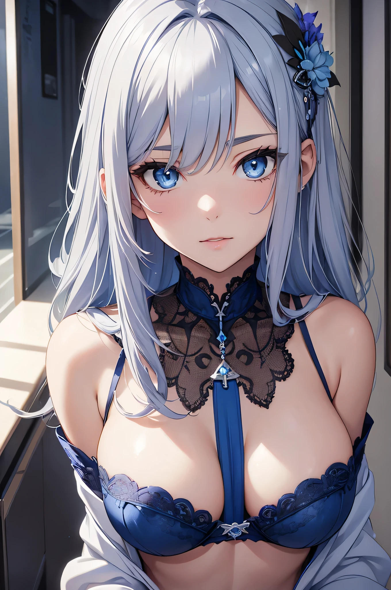 beautiful girl, Gray Hair, blue eyes, Sexy blue underwear, Big Breasts、Blue hair ornament