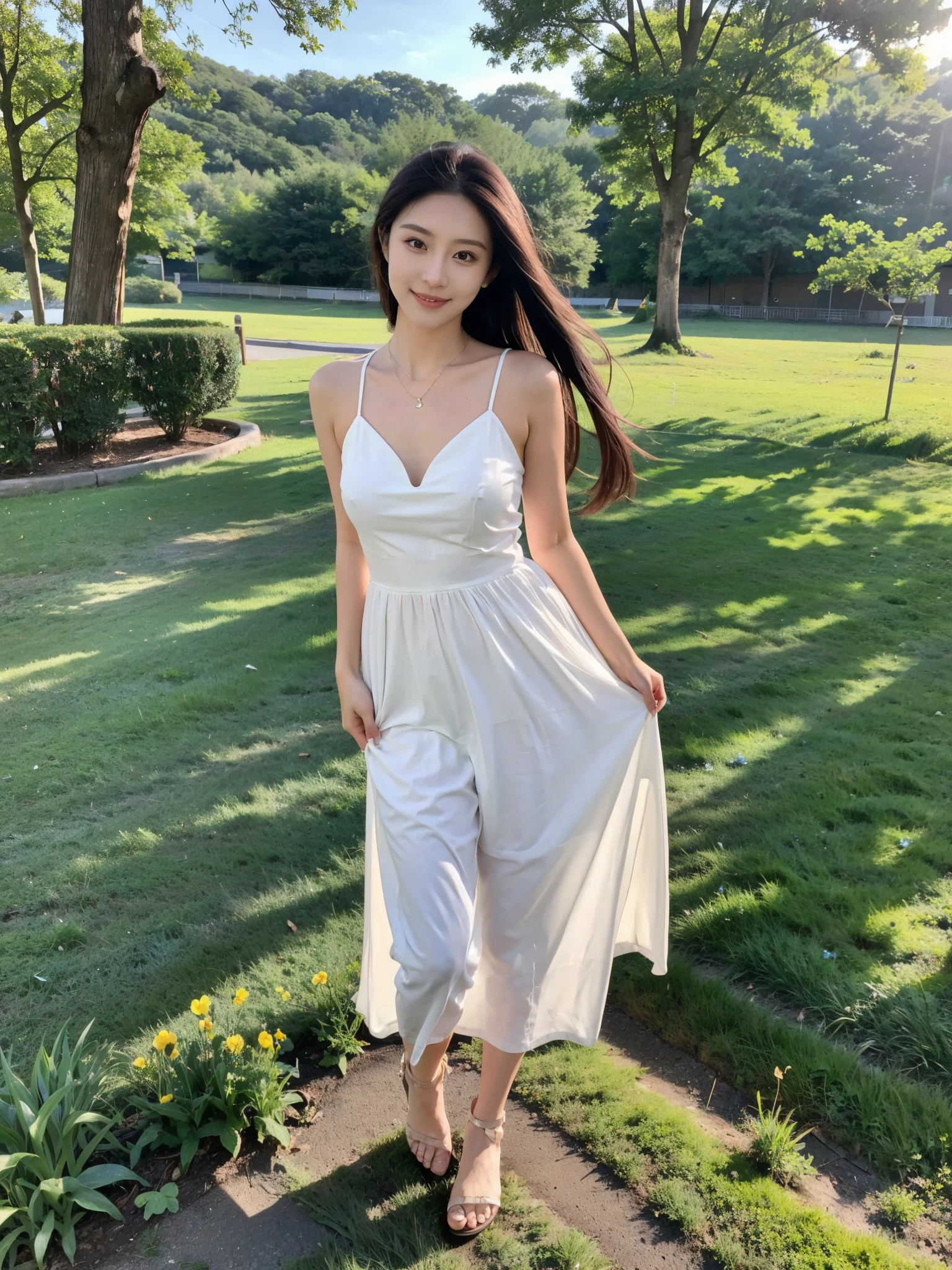 ,masterpiece, best quality,8k, ultra highres,Reallightandshadow,Cinema lenses,(beautidful eyes:1.1), ((medium shot the scene is,The upper part of the body)),dynamicposes,On a green meadow,A gentle goddess came with a gentle step。She wore a white dress,A gentle breeze blows,The skirt dances lightly。The sun shines through the leaves on her hair,Reflecting her clear eyes and gentle smile。Colorful butterflies flew around her,Flowers bloomed at her feet,It was as if nature was cheering for her。