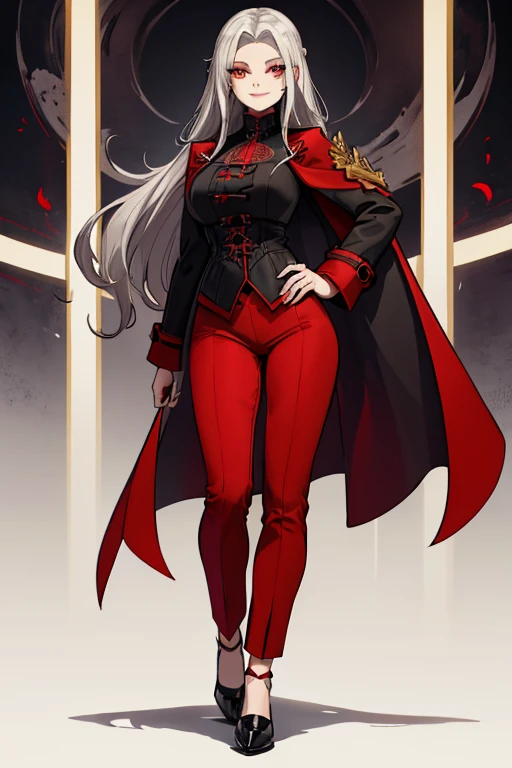 female, silver long hair with black highlights, red eyes, (((1girl))), (((red gothic coat with yellow trim))), (black shirt), (red pants), (black dress shoes), cute and sexy, full body, large breasts, large butt, long legs, smiling