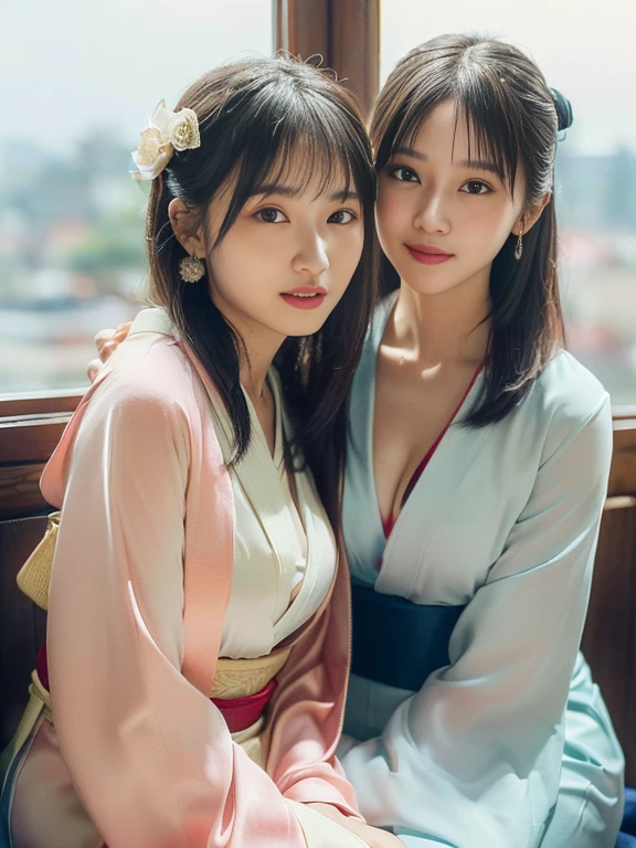 (((Shots of a young lesbian couple 20.0)))、), ,Highly detailed face and eyes,Shiny skin,(Upper Body:1.Professional Lighting,Soft Light, Sharp focus, Written boundary depth,Medium Hair,Earrings, (華やかな花柄のkimono衣装 :1.3),Bokeh,(Dynamic Angle:1.5 ),(、A cozy little cafe with warm lighting. The contrast between the winter scenery seen from the window and the warmth inside the room. :1.3)、(((highest quality、highest quality、Highest Resolution、masterpiece、8k、Realistic)))(((Detailed face)))(((Cute face 3.0)))(((Baby Face 3.0)))(((Tenth Generation 3.0)))(((Healthy peach skin 1.0)))、(((Detailed body)))(((Model Body Type)))(((Perfect podiline)))、(((Big breasts 5.0)))(((Fascinating Collarbone 5.0)))(((cleavage 5.0)))(((Browsing Caution)))、(((Straight long hair)))(((shabby bangs)))(((Messy Hair 3.0)))、(((Long-sleeved kimonokimonoを着た二人の女子高生2.0)))(((Long-sleeved kimono、kimono、kimono、kimono)))(((伝統Long-sleeved kimono0.5)))(((絹Long-sleeved kimono5.0)))(((豪華刺繍Long-sleeved kimono0.5)))(((豪華な装飾のLong-sleeved kimono0.5)))(((派手な柄のLong-sleeved kimono0.5)))(((Sexy photo session))(((Two Girls in Love 20.0)))(((highest quality、highest quality、Highest Resolution、masterpiece、8k)))、(((Detailed face)))(((Cute Face 1.0)))(((Babyface 1.0)))(((Tenth Generation 3.0)))、(((Detailed body)))(((Model Body Type)))(((Perfect podiline)))(((Big Tits 1.0)))(((Fascinating collarbone 2.0)))(((Beautiful cleavage 2.0)))(((Browsing Caution)))、(((Straight long hair-)))、(((furisode kimono)))(((Gorgeous Furisode Kimono)))(((Fascinating Furisode Kimono)))、(((Sexy seduction pose shot 2.0)))、(((Lesbian Couple Shots 5.0)))、(((Captivating smile)))(((10 Seductive Sitting Positions.0)))((sitting Photo)))(Tea party at a Japanese-style cafe 5.0)