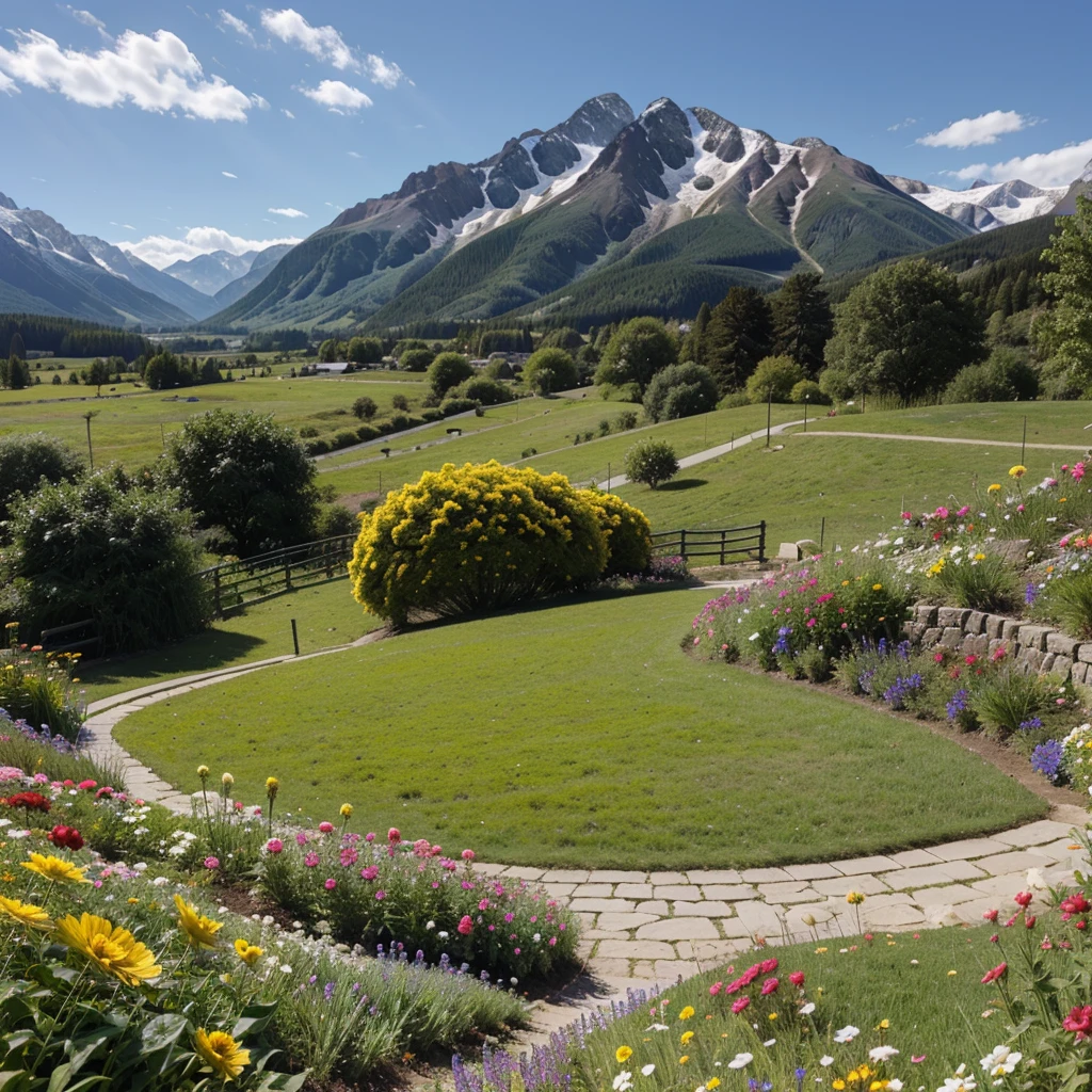 mountains , flowers , rill , sunny weather and animals 