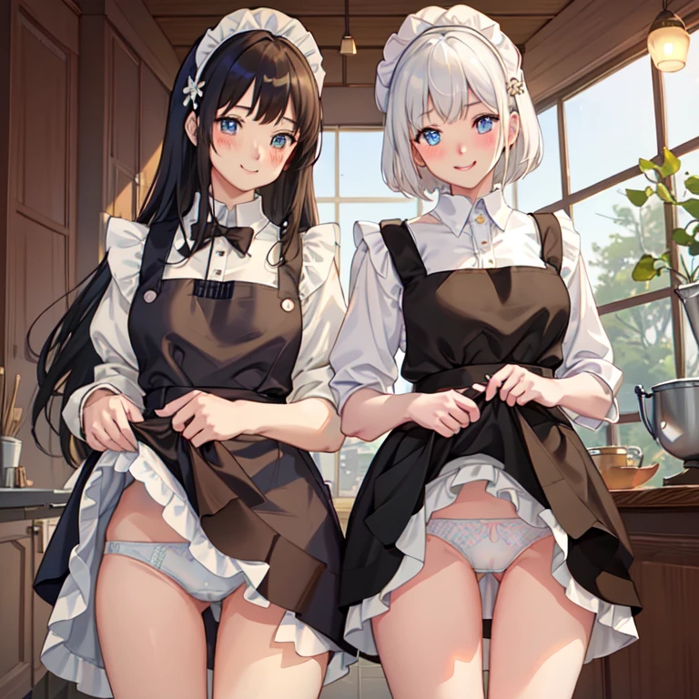 highest quality、masterpiece、((2 girls))、((smile:1.3))、(blush:1.3)、Black Shirt、blouse、((fun!!))、(Small breasts)、()、Blonde、()、((White apron:1.5))、((Maid))、((hair ornaments)),、Kamimei、look at me、 ((in house:1.5))、 Taking a break from watching the audience、Cowboy Shot、(Skirt lift:1.3),(Highly detailed white panties:1.3)、(Highly detailed panties:1.3)、、(スカート that rolls up:1.3)、(Panties fully exposed:1.5)、Light blue eyes、long hair、
