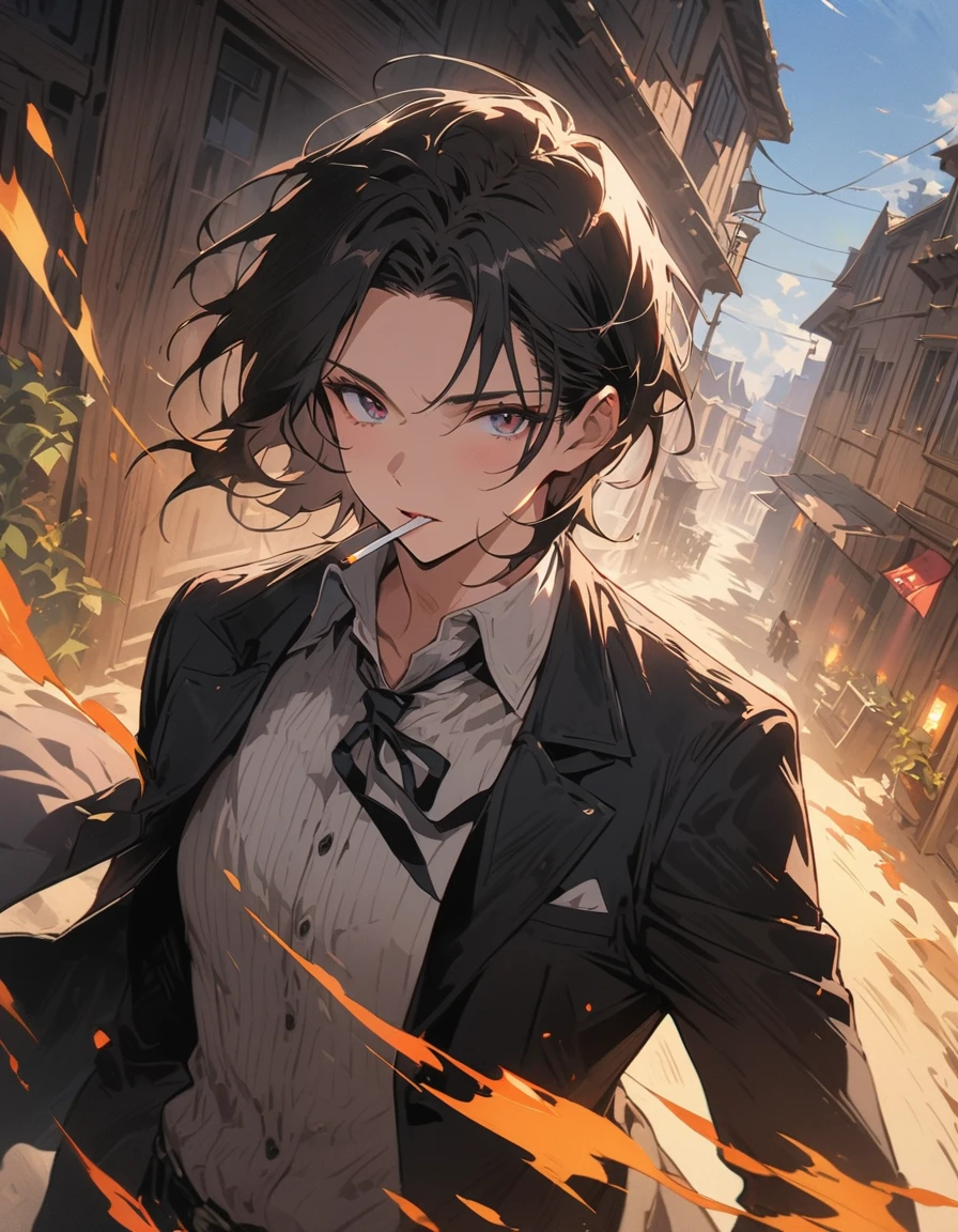 (非常にdetailedな 、 8k wallpaper,masterpiece, highest quality, 非常にdetailedな),(Best lighting, Best Shadow, Very delicate and beautiful),floating,Cigarette smokeが周囲に漂う、(Cigarette smokeが空中に文字を浮かべている)、(Cigarette smoke)High saturation,(Handsome Men:1.2、Black Hair、holding a cigarette in his mouth)、(highest quality、masterpiece、High resolution、detailed)、animeスタイル、Flat Style,Beautiful Eyes, Delicate and beautiful face,   BREAK,extremely detailed、Dynamic Angle、anime、fullbody、Stylish Gothic Western-style building、Western