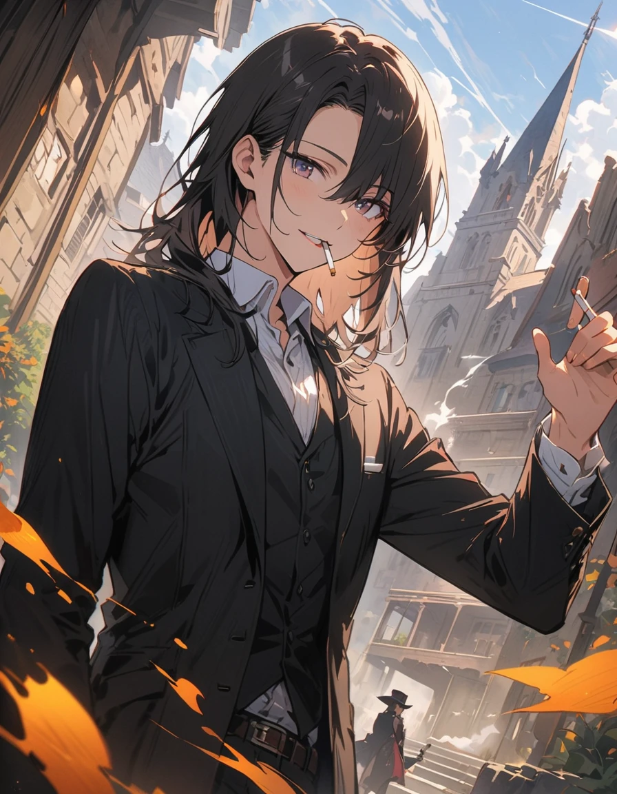 (非常にdetailedな 、 8k wallpaper,masterpiece, highest quality, 非常にdetailedな),(Best lighting, Best Shadow, Very delicate and beautiful),floating,Cigarette smokeが周囲に漂う、(Cigarette smokeが空中に文字を浮かべている)、(Cigarette smoke)High saturation,(Handsome Men:1.2、Black Hair、holding a cigarette in his mouth)、(highest quality、masterpiece、High resolution、detailed)、animeスタイル、Flat Style,Beautiful Eyes, Delicate and beautiful face, BREAK,extremely detailed、Dynamic Angle、anime、fullbody、Stylish Gothic Western-style building、Western