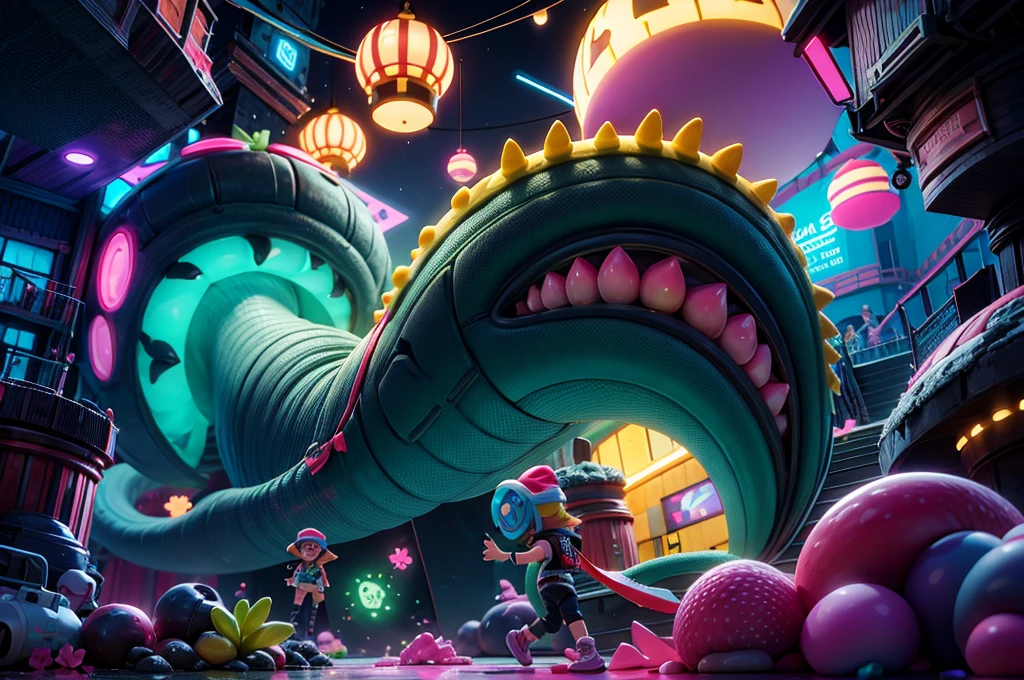 splatoon kids are fighting a giant eel monster,very fun,using various gadgets,colorful,deepsea stage,beautiful lighting, volumetric lighting, dynamic pose, sharp,