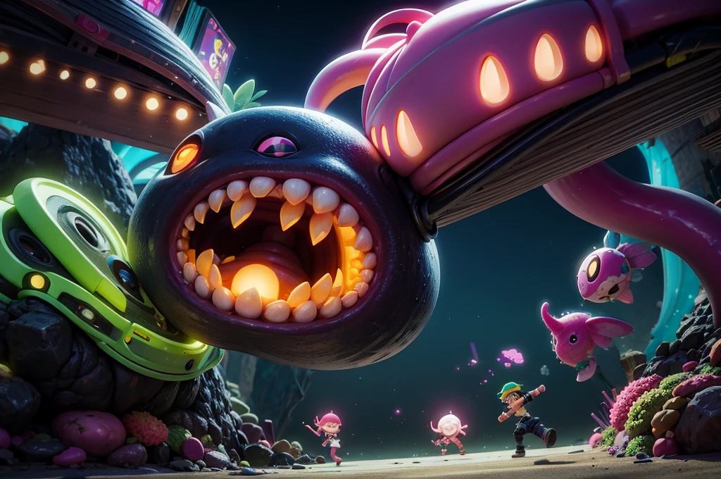 splatoon kids are fighting a giant eel monster,very fun,using various gadgets,colorful,deepsea stage,beautiful lighting, volumetric lighting, dynamic pose, sharp,