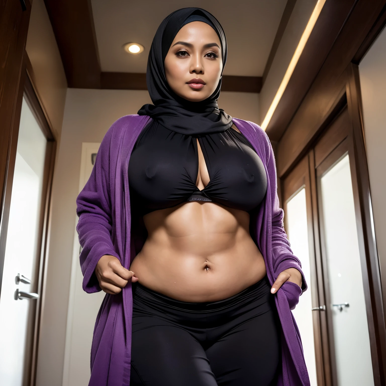46 years Old, ((Hijab Indonesian Beautiful Middle Age woman)), Massive Gigantic Saggiest Breast : 8, Tight Bathrobe, ((Busty Thicc Body)), ((Realistic Perfect Six Pack abs)), ((Thicc Fitness Body)), ((Navel Piercing)), Breast about To burst out from her clothes, at doctor office, Dark light, at Nighttime
