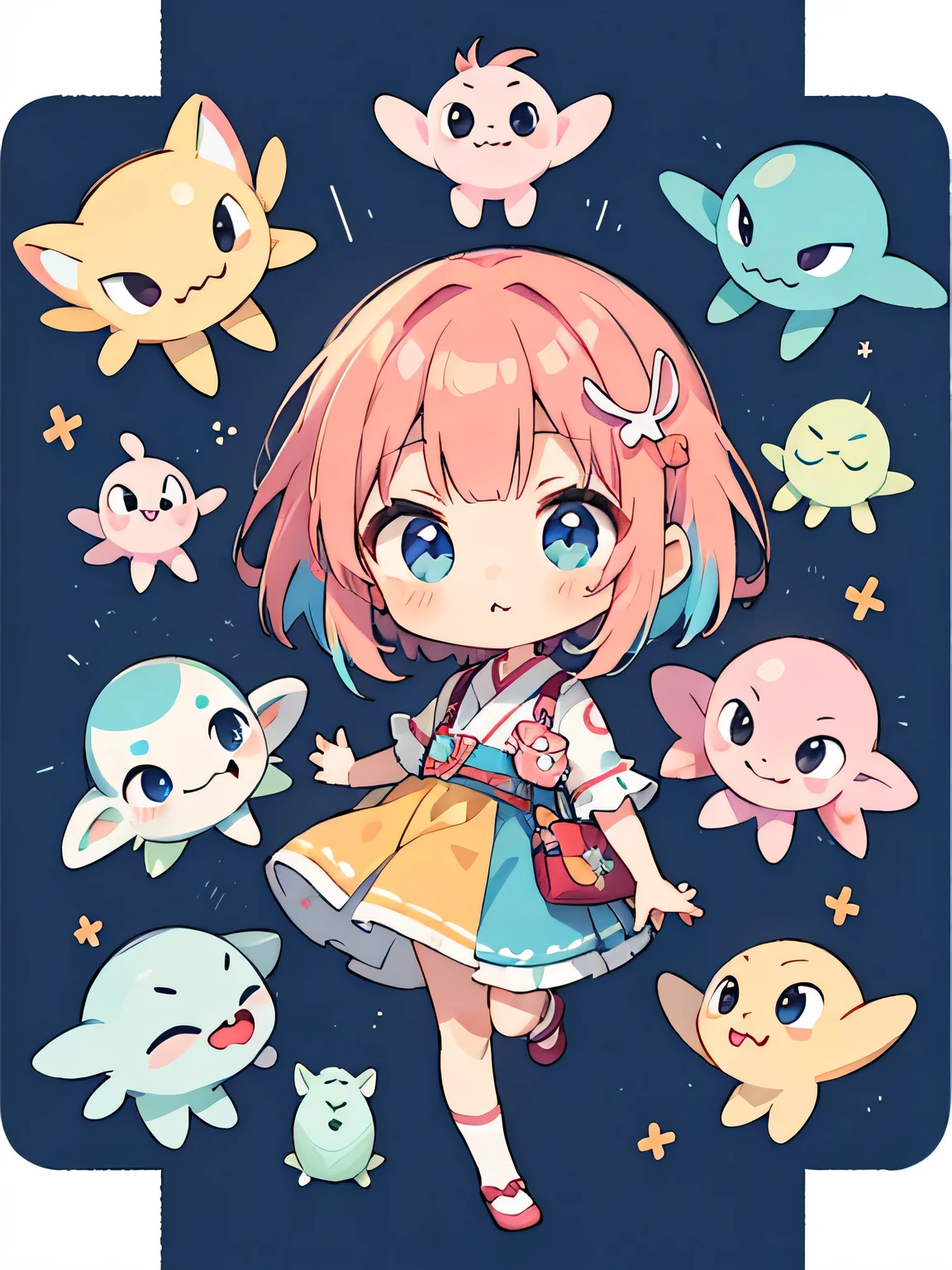 Momoko Sakura style, Kawaii Design, (((many people)))、Very cute alien、Chibi, Colorful bob hair、((Lots of friends))、(((alien)))、