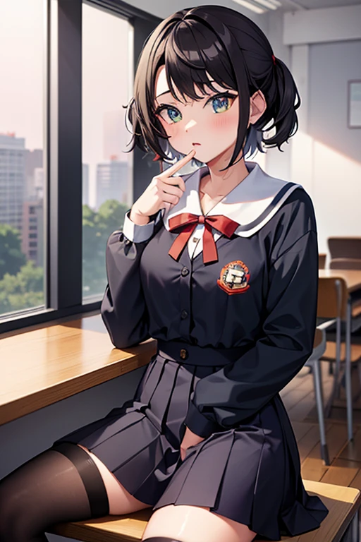 high quality, best quality, masterpiece, absurdres, shinonome ena, uniform, 1girl, solo, classroom, sitting_on_desk, black pantyhose