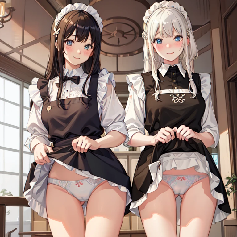highest quality、masterpiece、((2 girls))、((smile:1.3))、(blush:1.3)、Black Shirt、blouse、((fun!!))、(Small breasts)、()、Blonde、()、((White apron:1.5))、((Maid))、((hair ornaments)),、Kamimei、look at me、 ((in house:1.5))、 Taking a break from watching the audience、Cowboy Shot、(Skirt lift:1.3),(Highly detailed white panties:1.3)、(Highly detailed panties:1.3)、、(スカート that rolls up:1.3)、(Panties fully exposed:1.5)、Light blue eyes、long hair、