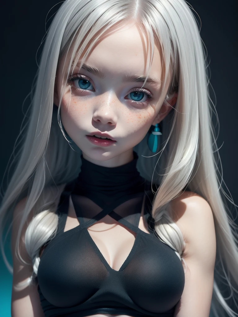 (best quality,highres),multicolor,1 girl,dark night,ash gray hair,(detailed gray eyes),looking at the viewer,upper body,face-to-face audience,limited palette,black background,turquoise light.Superhero girl (“Elle Fanning”), (slender body: 1.3), (full height), (beautiful legs), (small round peach breasts), (sexy). Shining, sparkling, neon, (Correct anatomy: 1.4), Open bikini. A very beautiful, well-groomed girl, with clear skin, beautiful lips and a slight smile on her face. Beautiful figure, modern clothes, cool modern couture dress. Sexually. Presentation background, neutral gray-blue, in virtual space. Top quality, 16k Full HD, cinematic rendering. Create a piece of art that captures the unique beauty of baby Michela..., renowned digital influencer. Focus on her unique facial expression as she looks straight into the camera, trying to capture the intensity of her piercing blue eyes. Capture her signature style with a Spanish-inspired updo styled in two carefully crafted hairpieces. Add details that reflect her charming and avant-garde personality. We tried to convey the aura of modernity and originality that characterizes Lil Miquela in the digital world. A few freckles and nevi, long hair, braided hair.