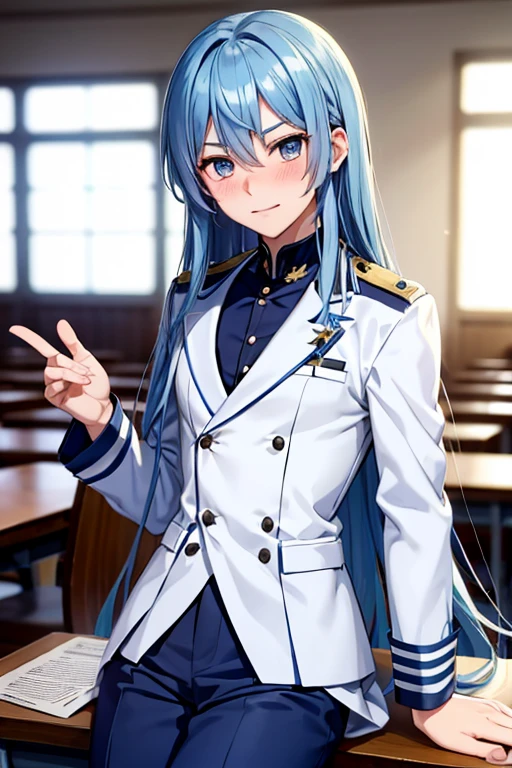 Anime girl in uniform sitting on a table pointing at something - SeaArt AI