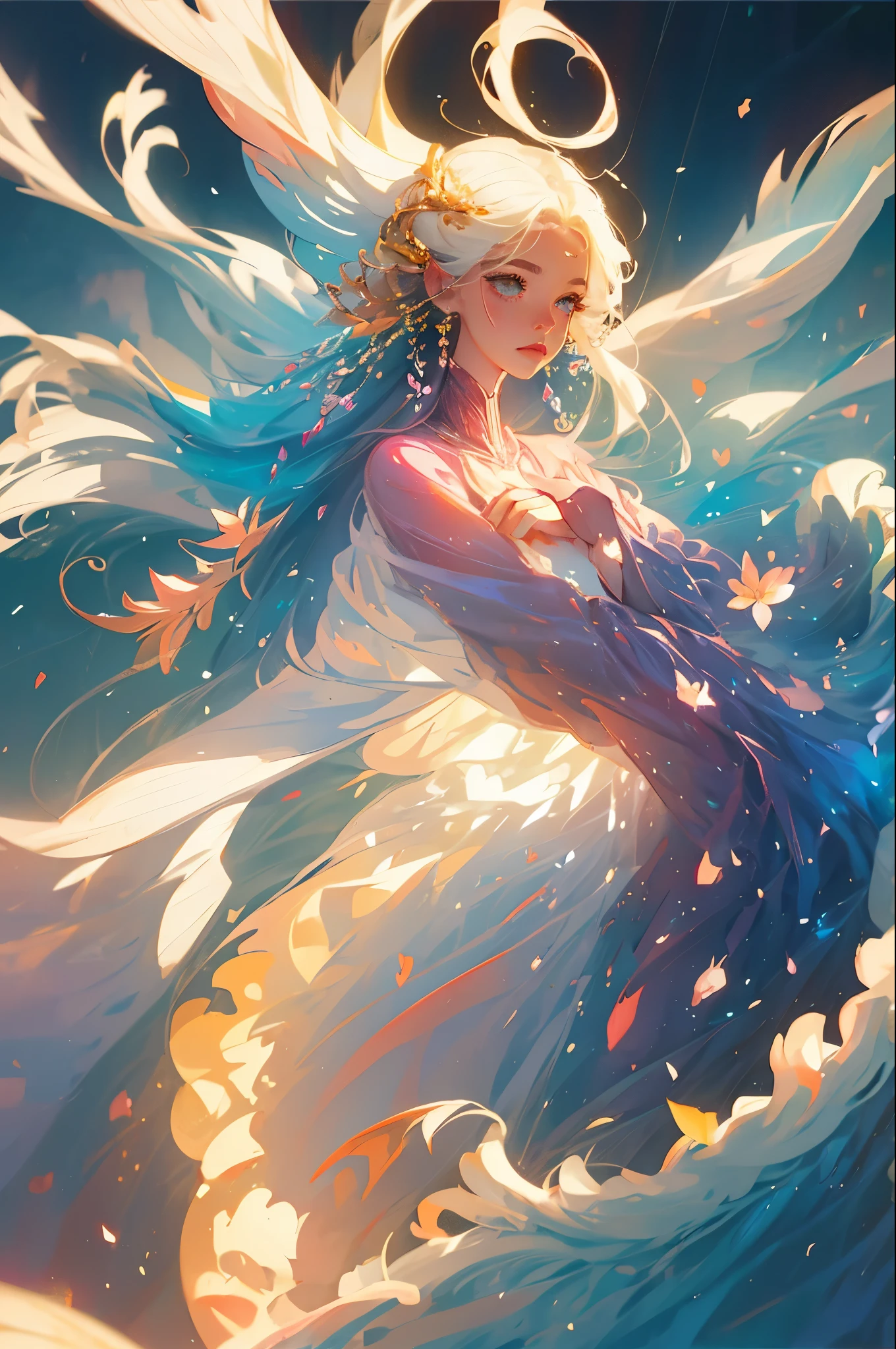 Semi-realistic anime photos, High quality, Fairies falling from the sky, Translucent with multicolored glitter, White Dress, Symmetrical face, the golden hour, Soft, Focused, Highly detailed, hyper realisitic, Dramatic Lighting, Elegant, Convoluted, Concept art, art by wlop, Mars Rabelo, Greg Rutowski, art stations