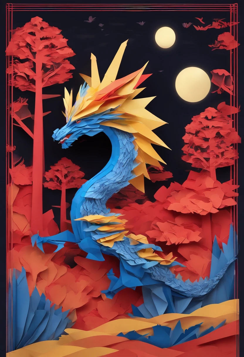 a blue dragon, voando por um castelo amarelo, ao fundo uma floresta vermelha, with the sun and moon in the sky