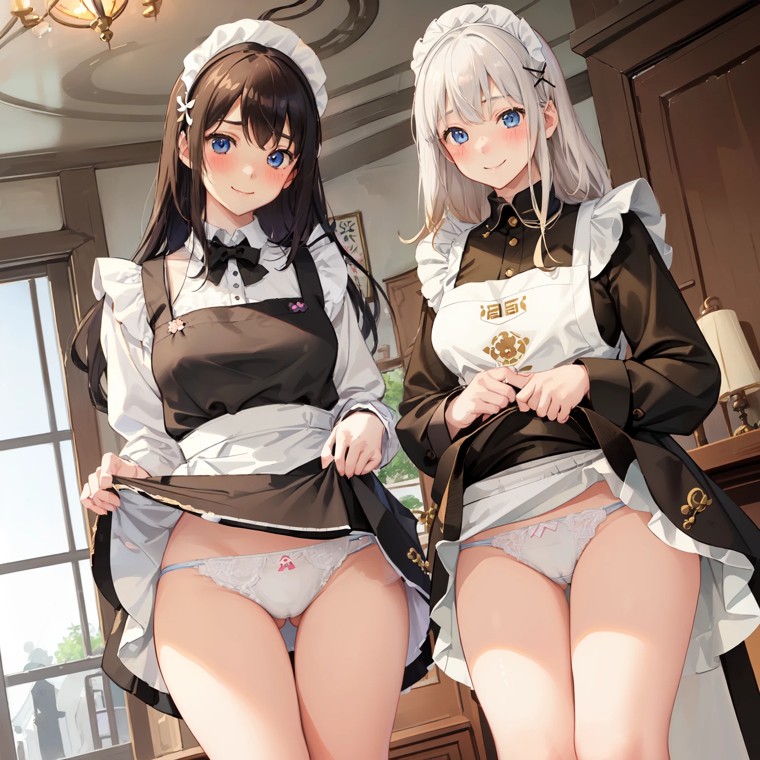 highest quality、masterpiece、((2 girls))、((smile:1.3))、(blush:1.3)、Black Shirt、blouse、((fun!!))、(Small breasts)、()、Blonde、()、((White apron:1.5))、((Maid))、((hair ornaments)),、Kamimei、look at me、 ((in house:1.5))、 Taking a break from watching the audience、Cowboy Shot、(Skirt lift:1.3),(Highly detailed white panties:1.3)、(Highly detailed panties:1.3)、、(スカート that rolls up:1.3)、(Panties fully exposed:1.5)、Light blue eyes、long hair、