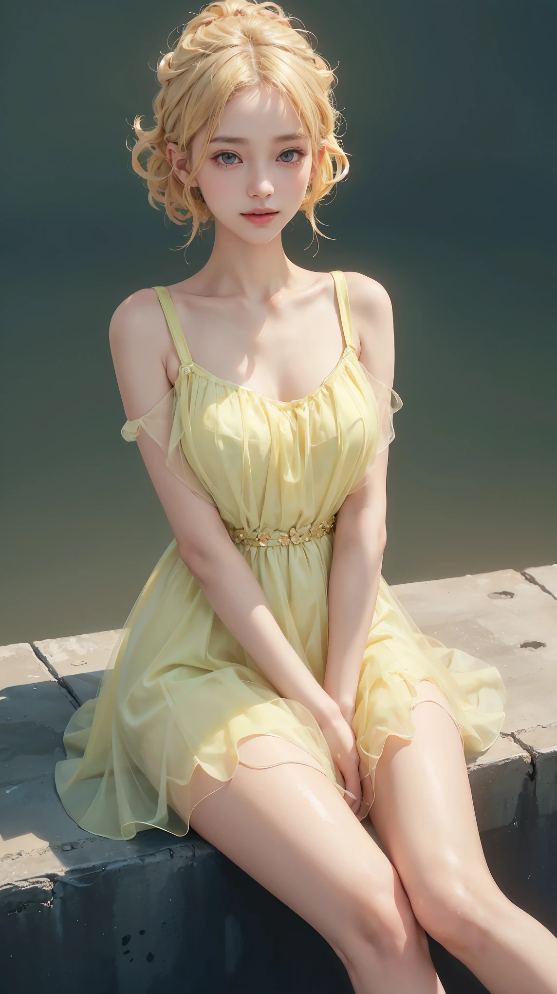 Sweet Girls Clothes 9,Yellow dress,, (full body), ((Sitting)), (Surrealism), (illustration), (Resolution enhancement), (8k), (Very detailed), (Best illustration), (Beautiful and delicate eyes), (best quality), (Ultra Detailed), (masterpiece ), ( wallpaper), (Delicate face),A blonde, curls,(High top fade in and out:1.3), (Smile brightly, Bright appearance), dark theme, Soothing tone, Soft colors, High contrast, (Natural skin texture, Surrealism主义, Soft Light, impatient),Exposure Blending, Medium shot, Bokeh,  High contrast, (Movie, Cyan and Orange:0.85), (Soft colors, fade, Soothing tone:1.3), High Saturation, (Ultra Detailed:1.2),(Large Breasts :1.2)