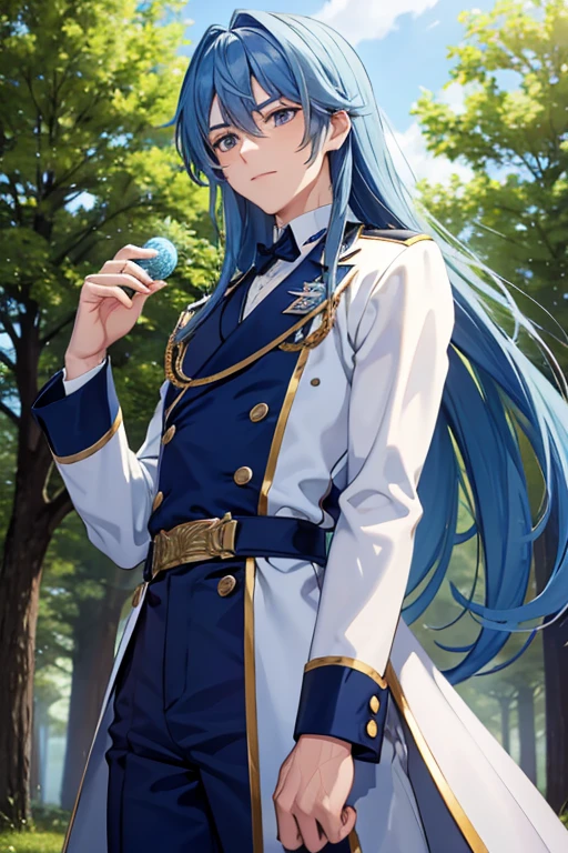 A blue haired male student with silver eyes and long hair in a magical uniform is leaning on a treee