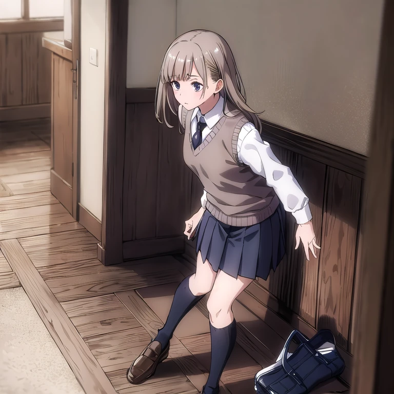 masterpiece,high quality,solo,
sasaki,1girl,
Tied brown hair, lilac eyes, 
,white shirt,collared shirt,necktie,sweater vest,
pleated skirt, socks 
night,school,corridor,hiding,