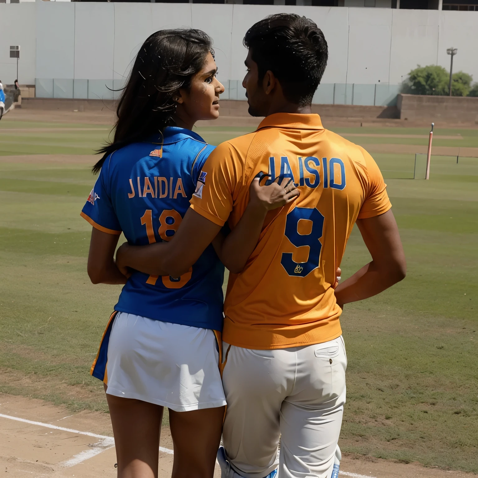 a  girl wearing Indian cricket Jersey  number 8 and name haasini showing his back and hug the cricket player ravindra jadeja