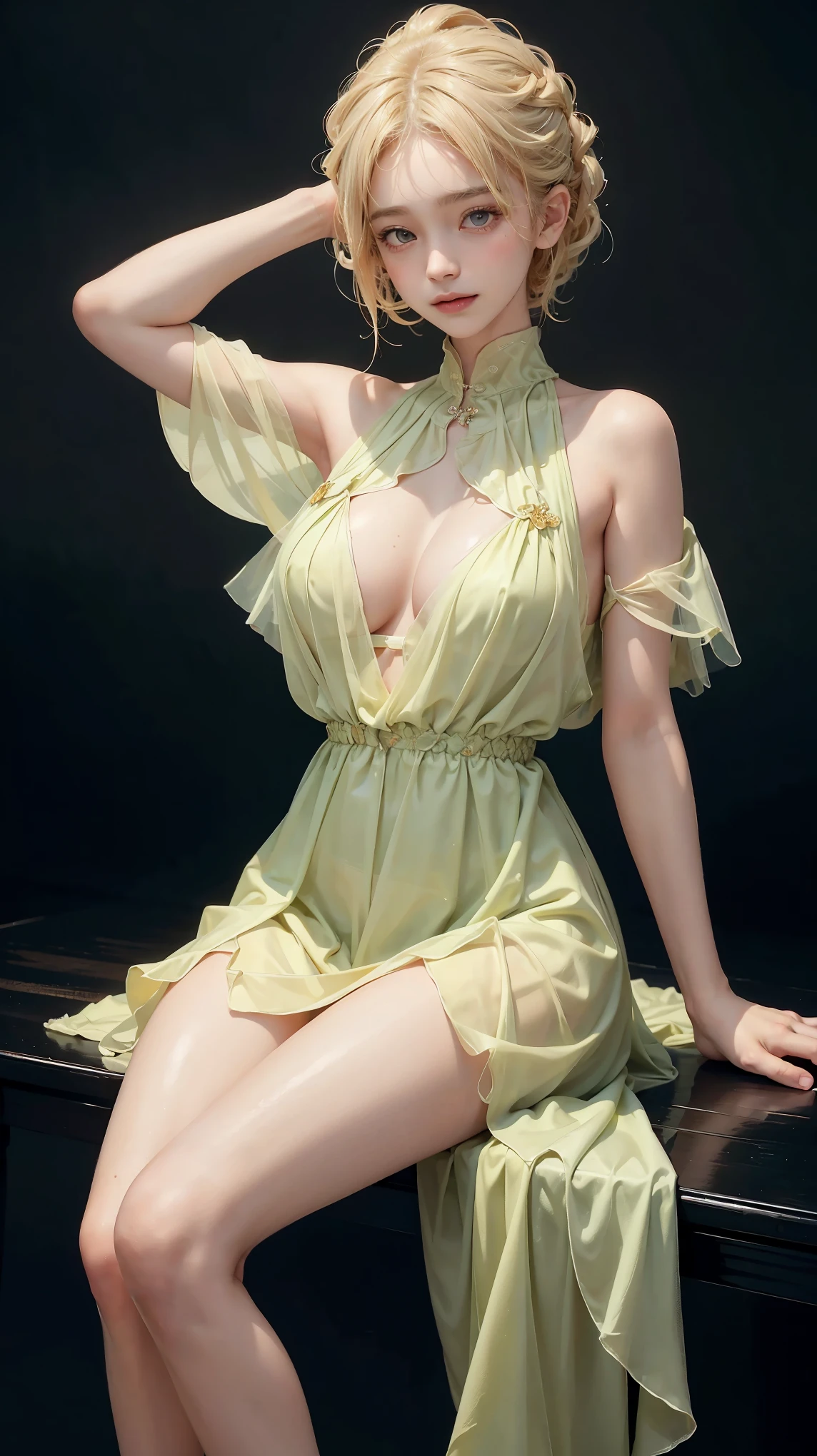 Sweet Girls Clothes 9,Yellow dress,, (full body), ((Sitting)), (Surrealism), (illustration), (Resolution enhancement), (8k), (Very detailed), (Best illustration), (Beautiful and delicate eyes), (best quality), (Ultra Detailed), (masterpiece ), ( wallpaper), (Delicate face),A blonde, curls,(High top fade in and out:1.3), (Smile brightly, Bright appearance), dark theme, Soothing tone, Soft colors, High contrast, (Natural skin texture, Surrealism主义, Soft Light, impatient),Exposure Blending, Medium shot, Bokeh, High contrast, (Movie, Cyan and Orange:0.85), (Soft colors, fade, Soothing tone:1.3), High Saturation, (Ultra Detailed:1.2),(Large Breasts :1.2)