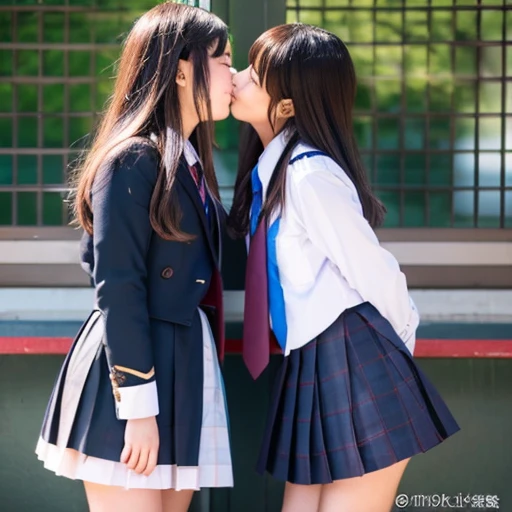 Two Japanese junior high school girls in revealing clothes kissing